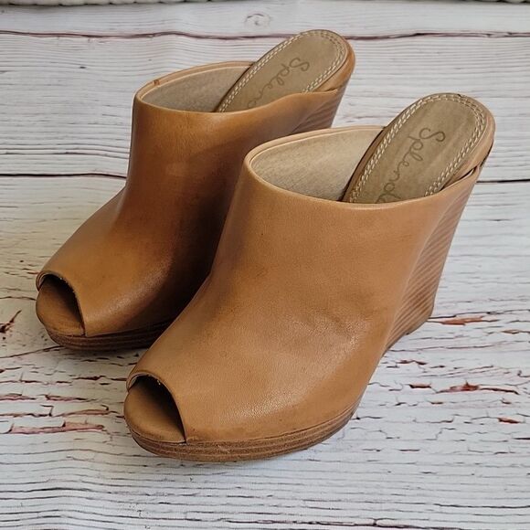 Splendid Tan Leather Slip On Wedges Size 7 - Picture 2 of 7